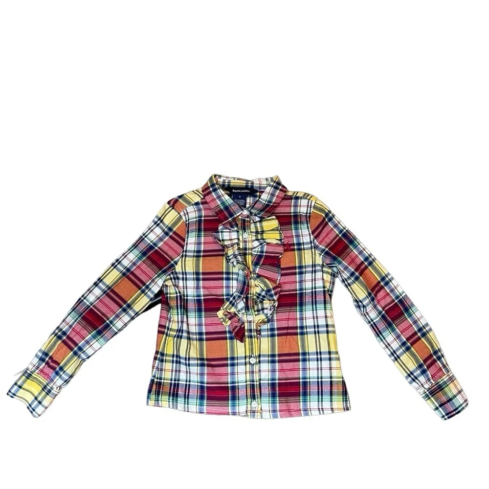 Ralph Lauren polo girls button down plaid water fall ruffle long sleeve blouse 6